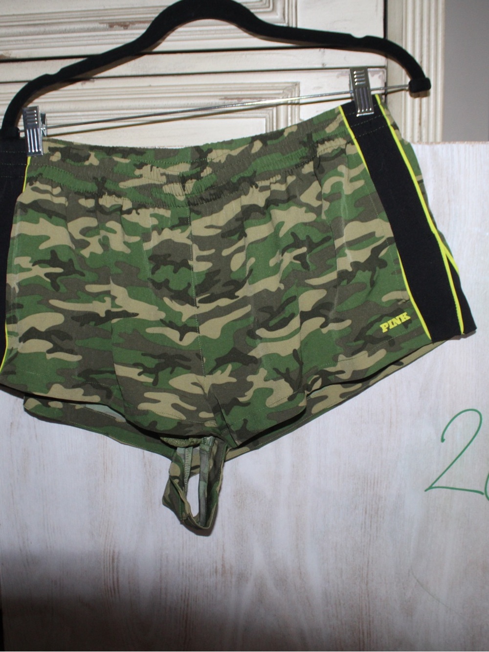 PINK Victoria's Secret Green Camo Athletic Shorts with Black Panels